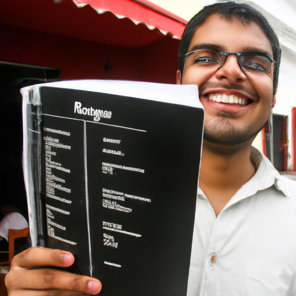 Person holding a menu, smiling