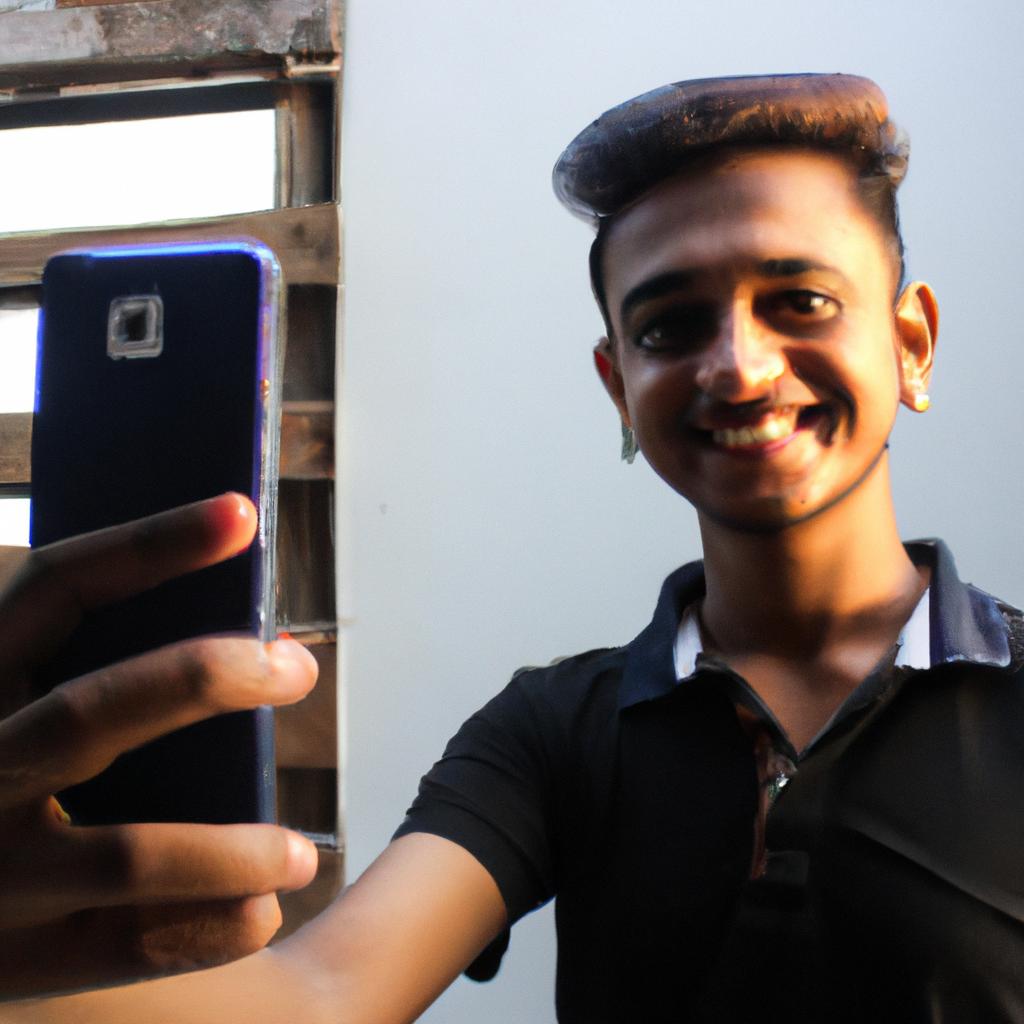 Person holding a smartphone, smiling