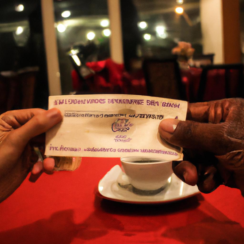 Person receiving grant at restaurant